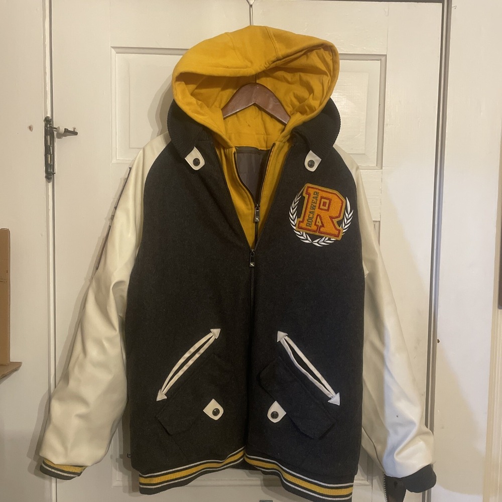 Vintage 1999 Roca Wear Varsity Gray Yellow Red White Hooded Jacket, Removable